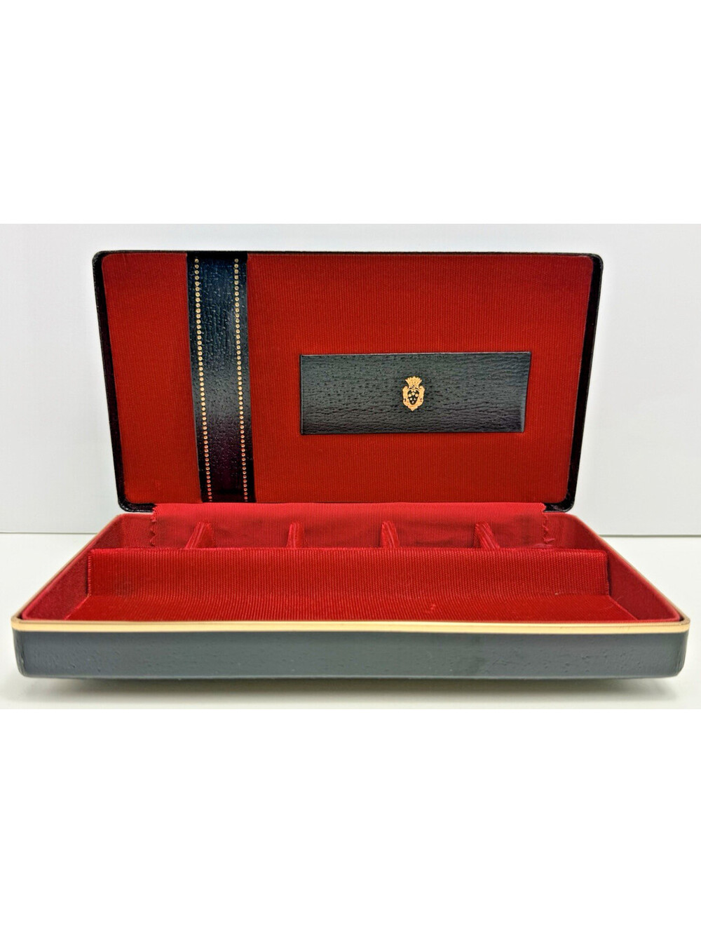 Vtg Padded Jewelry Box Black Case Clamshell Red Velvet Lining Nautical